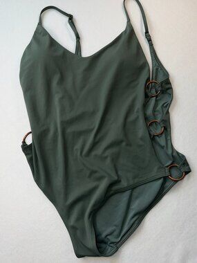 Aerie One‑Piece Swimsuit – Size Large – Green w/ Brass Side Rings – Gently Used